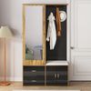 Elegantes Kleiderschrankset in Schwarz und Holzfarbe mit Spiegel, Schuhschrank, Schuhbank mit Haken und ausziehbaren Kleiderbügeln. Bild 2
