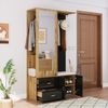 Elegantes Kleiderschrankset in Schwarz und Holzfarbe mit Spiegel, Schuhschrank, Schuhbank mit Haken und ausziehbaren Kleiderbügeln. Bild 5