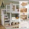 Novelux Etagenbett 90x200 Kinder mit Aufbewahrungstreppe und Fenstern – Kiefer MDF Holz in Weiß/Natur, Hausbett-Design mit Dachkante, Filzdeko, ohne Matratze Bild 5
