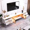 Merax TV Schrank in Mamoroptik, Fernsehschrank mit 4 Füßen, 4 Strukturierte Schubladen mit Goldenen Griffen und zwei Braune Türen aus Gehärtetem Glas, Modernes TV-Lowboard für Wohnzimmer, 170*37*47,5cm Bild 5