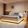 Merax Polsterbett 180x200cm mit Leselampe und USB, Doppelbett Holzbett mit Led, Jugendbett Klassisches Bett mit Lattenrost, Leinen, beige Bild 3