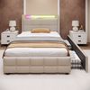 Einzelbett 90 × 200 cm mit Steckdosen,USB-Anschlüssen und LED-Beleuchtung,2 Schubladen,Leinenbezug in Beige,inklusive Matratze Bild 5