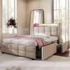 Einzelbett 90 × 200 cm mit Steckdosen,USB-Anschlüssen und LED-Beleuchtung,2 Schubladen,Leinenbezug in Beige,inklusive Matratze Bild 3