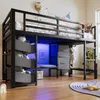 Hochbett mit LED-Beleuchtung, Rausfallschutz, Lattenrost, Schubladen, Leiter, Kleiderstange, Sitzbank, 90x200cm, Kinderbett, Metallbett Bild 3