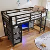 Hochbett mit LED-Beleuchtung, Rausfallschutz, Lattenrost, Schubladen, Leiter, Kleiderstange, Sitzbank, 90x200cm, Kinderbett, Metallbett Bild 4