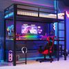 Hochbett mit RGB LED-Streifen, Schreibtisch, Monitorständer, Lattenrost, Rausfallschutz, Steckdosen, USB, Type-C, 90x200cm, Metallbett, Kinderbett Bild 3