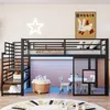 Hochbett mit LED-Streifen, Lattenrost, Rausfallschutz und Fenstern, Treppe mit Regal, 90x200 cm, Einzelbett, Kinderbett, Metall Bild 3