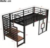 Hochbett mit LED-Streifen, Lattenrost, Rausfallschutz und Fenstern, Treppe mit Regal, 90x200 cm, Einzelbett, Kinderbett, Metall Bild 5