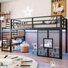 Hochbett mit LED-Streifen, Lattenrost, Rausfallschutz und Fenstern, Treppe mit Regal, 90x200 cm, Einzelbett, Kinderbett, Metall Bild 4