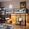 Hochbett mit LED-Streifen, Lattenrost, Rausfallschutz und Fenstern, Treppe mit Regal, 90x200 cm, Einzelbett, Kinderbett, Metall Bild 2