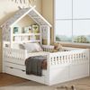 Merax Kinderbett 140x200 cm mit Haus-Design, Hausbett mit Dach und Ablage (1-tlg), Kiefernholz Kinderbett mit Ausziehbett,3 Schubladen,Sicherheitsgittern Bild 2