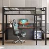 Hochbett 140×200 cm mit Rausfallschutz, Schreibtisch und Regalen, Metall/MDF, Schwarz, ohne Matratze Bild 4