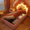 Prinzessinbett mit LED-Beleuchtung und Stauraum, 90x200cm, höhenverstellbarer Kopfteil, Mädchenbett, Polsterbett für Mädchen, Einzelbett Bild 2