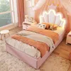 Prinzessinbett mit LED-Beleuchtung und Stauraum, 90x200cm, höhenverstellbarer Kopfteil, Mädchenbett, Polsterbett für Mädchen, Einzelbett Bild 5