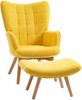 Sessel 72x80x101 cm mit Hocker, gelber Ohrensessel aus Polyester mit Buchenholzbeinen und getufteter Ottomane Bild 2