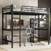 Hochbett Eisenbett Mit Tisch und Regalschrank mit mehrfachen Ablageebenen mit Metallgitter ausgestattet stabile Geländer und Leiter Eisen + MDF Schwarz + dunkle Holzfarbe 90 x 200 cm Bild 2
