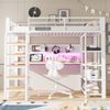 Merax Hochbett 90×200 cm, Kinderbett, Jugendbett, Einzelbett, mit Lochblech, Schreibtisch mit CEE-Steckdose, Mehrfarbige LED-Beleuchtung, Mehrstöckige Ablagefächer, Kleines Regal, Vertikale Leiter, Weiß Bild 3