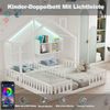 Merax Kinderbett 90 × 200 cm, Freistehendes Doppelbett, Hausdesign Mit Fenstern und Schornstein, Mit LED-Beleuchtung, Sicherheitsgeländer und Ablageflächen, komplett Mit Lattenrost, Weiß Bild 5