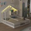 Merax Kinderbett 90 × 200 cm, Freistehendes Doppelbett, Hausdesign Mit Fenstern und Schornstein, Mit LED-Beleuchtung, Sicherheitsgeländer und Ablageflächen, komplett Mit Lattenrost, Weiß Bild 2