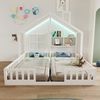 Merax Kinderbett 90 × 200 cm, Freistehendes Doppelbett, Hausdesign Mit Fenstern und Schornstein, Mit LED-Beleuchtung, Sicherheitsgeländer und Ablageflächen, komplett Mit Lattenrost, Weiß Bild 3