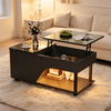 Merax Höhenverstellbarer Wohnzimmer-Couchtisch, Beistelltisch mit verstecktem Stauraum, Durchbrochener kaffetisch, Hochglänzender LED-Sofatisch, Teetisch mit seitlicher Ablage, Schwarz Bild 2