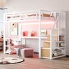 Merax Hochbett, Kinderbett, 90×200 cm, Jugendbett, mit LED-Lichtleiste und Steckdose, mit Aufbewahrungsleiter, Regalen und Tisch, Weiß Bild 2