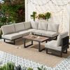 Merax 6-Sitzer Gartenmöbel-Set, Garten-Loungesessel-Set, Ecksofa, Outdoor-Relaxbett, Couchtisch, Kann in ein Liegebett umgewandelt werden, verzinkter Stahl, Beige Bild 2