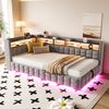 Merax Einzelbett, Polsterbett Schlafsofa 90 × 200 cm, Mit Hydraulischem Stauraum, Holzregal, LED-Lichtleiste, Steckdose, USB- und Typ-C-Ladeanschlüssen, Samt, Hellgrau Bild 2