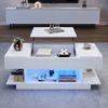 Merax Couchtisch mit Lift-Tischplatte, Höhenverstellbarer Sofatisch, kaffeetisch mit 2 Klappschränken, Wohnzimmertisch mit halboffenem Stauraum, Hochglanz-Teetisch mit LED, Weiß Bild 2
