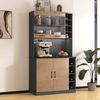 Merax 100x47x187cm, Küchenschrank, Buffet mit LED-Ambiente-Beleuchtung und Kabellöchern, Küchen-Highboard aus Holz, großer Platz für Mikrowelle, freistehend, höhenverstellbare seitliche Ablagefächer, Grau/Natürlich Bild 5