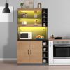 Merax 100x47x187cm, Küchenschrank, Buffet mit LED-Ambiente-Beleuchtung und Kabellöchern, Küchen-Highboard aus Holz, großer Platz für Mikrowelle, freistehend, höhenverstellbare seitliche Ablagefächer, Grau/Natürlich Bild 3