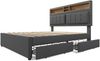 Polsterbett 140x200 cm, Leinenbezug in Grau, höhenverstellbares Kopfteil, 4 Schubladen & Ladebox (USB‑C + Steckdosen), Lattenrost aus Massivholz Bild 5