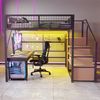 Hochbett 140x200 cm aus Metall und MDF mit LED-Lichtband, Treppe mit Stauraum und offenem Kleiderschrank in Schwarz/Weiß, ohne Matratze Bild 2