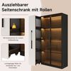 BlingBin Stauraumvitrine Multifunktionsschrank Glasvitrine (1-St, Bücherregal mit LED-Vitrine & seitlichem Auszugsschrank auf Rollen) Soft-Close-Scharniere, Warmgelbe Beleuchtung, 110,5×35×160 cm Bild 2
