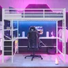 Hochbett mit Schreibtisch und LED-Beleuchtung, 140x200 cm, Schubladen, Kleiderstange, Mehrfachsteckdose und Rausfallschutz, Metallbett, Jugendbett Bild 2