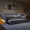 Schlafsofa mit Bettfunktion, LED-Beleuchtung, Lattenrost und Gästebett, 140x200cm, Doppelbett, Polsterbett, Bettsofa, Leinen Bild 4