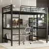 Hochbett mit Regal und Schreibtisch (90x200 cm) Metallbett mit Rausfallschutz und Lattenrost, Jugendbett, Kinderbett Bild 2