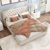 Gepolstertes Bett mit Leinenstoff, Knopfheftung & Nieten Boxspringbett Optik,Kopfteil mit Flügeln,140x190 cm,Beige Bild 5