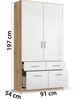 rauch Kleiderschrank; Drehtürenschrank CELLE, 2-türig, 4 Schubkästen, Hochglanz alpinweiß/Eiche Artisan, 91x197x54xcm Bild 4