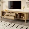 TV-Schrank – Natürlicher Holz-Blend TV-Schrank mit Türen und Schubladen. TV-Ständer mit Rattanseiten. Aufbewahrungslösung, Natürlicher Landhausstil Bild 4