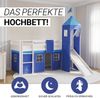 Homestyle4u Hochbett mit Turm, Rutsche, Vorhang, Lattenrost und Matratze, Holz Kiefer, blau, 90x200 cm Bild 5