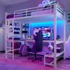Hochbett 90x200 cm aus Metall und MDF mit LED, USB-C, Schreibtisch, Ablagen und Rausfallschutz, Weiß Bild 3