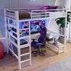 Hochbett 90x200 cm aus Metall und MDF mit LED, USB-C, Schreibtisch, Ablagen und Rausfallschutz, Weiß Bild 2