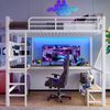 Hochbett 90x200 cm aus Metall und MDF mit LED, USB-C, Schreibtisch, Ablagen und Rausfallschutz, Weiß Bild 4