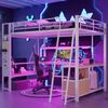 Hochbett mit Schreibtisch, LED-Streifen, Wandgitter, Regal, Schrank, Steckdose, USB, Type-C, Rausfallschutz, 140x200cm, Kinderbett, Metallbett Bild 3