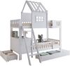 Etagenbett 90x200 cm für Kinder, Kiefer+MDF mit Hausdach & Fenster, zwei Schubladen, Lesetisch und Ablagekorb, stabiler Seitenschutz, weiß Bild 5