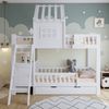 Etagenbett 90x200 cm für Kinder, Kiefer+MDF mit Hausdach & Fenster, zwei Schubladen, Lesetisch und Ablagekorb, stabiler Seitenschutz, weiß Bild 2