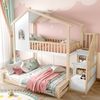 Merax Etagenbett, Hausbett, Kinderbett 90x200cm+140x200cm, Bettgitter, Stauraumleiter, Fenster, Hausleiste, Natur+ Weiß Bild 3