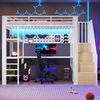 Merax Hochbett, Kinderbett 90 x 200 cm, Einzelbett, Metallbett, mit Ablagefläche, Schublade, Lochwand, Tisch, Steckdose, LED-Licht, ohne Matratze, Weiß Bild 3