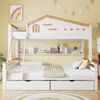 Etagenbett, Kinderbett, mit farblich abgesetztem Fallschutzgitter, Zwei Schubladen, mit Fenster, mit vierstufigen Schrägleiter und Schubladen, Offenes Regal, Kiefer+MDF, Weiß+Natur, 90x200cm&140x200cm Bild 2